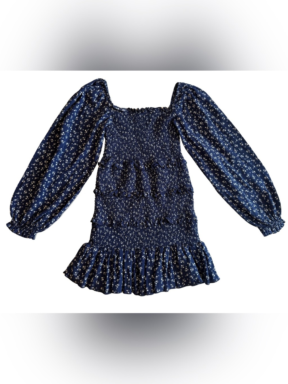 Katie J NYC Navy Blue Floral Smocked Puff Sleeve Dress Large